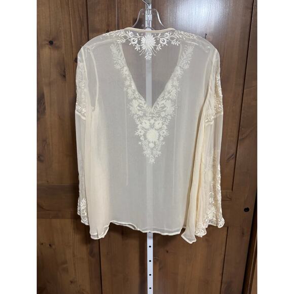 Floral embroidered mesh top with tie neck and bell sleeves. Preowned No size Tag - Picture 1 of 6